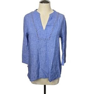 Ivanka Trump Blue Silver Studded V Neck Linen Cotton Blend Blouse S